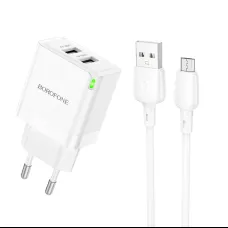 Borofone hálózati töltő BN15 Strong - 2xUSB - 2,1A USB-Micro USB kábellel fehér