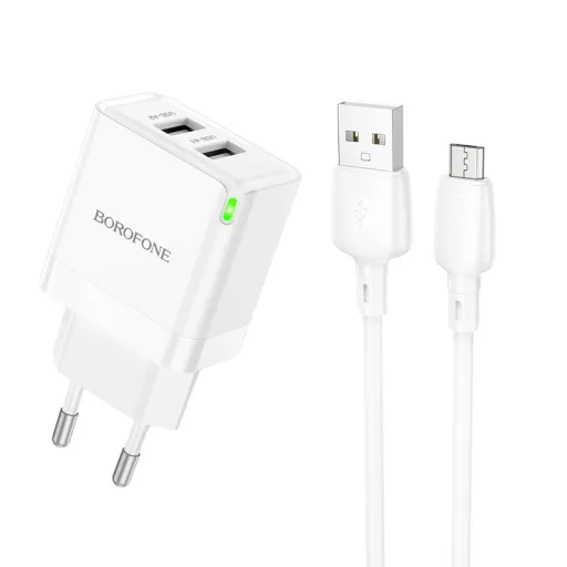 Borofone hálózati töltő BN15 Strong - 2xUSB - 2,1A USB-Micro USB kábellel fehér