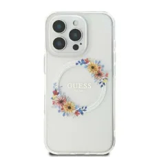 Eredeti GUESS IML Flowers Wreath Magsafe tok GUHMP16SHFWFCT iPhone 16-hoz, átlátszó