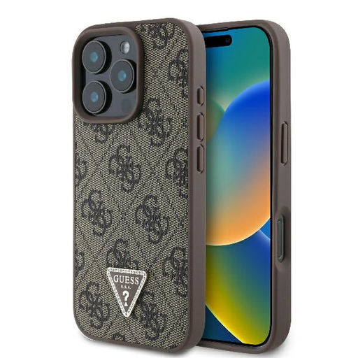 Originálne puzdro GUESS hardcase Leather 4G Triangle Strass Magsafe GUHCP16XP4TDPW obal iPhone 16 Pro Max hnedá