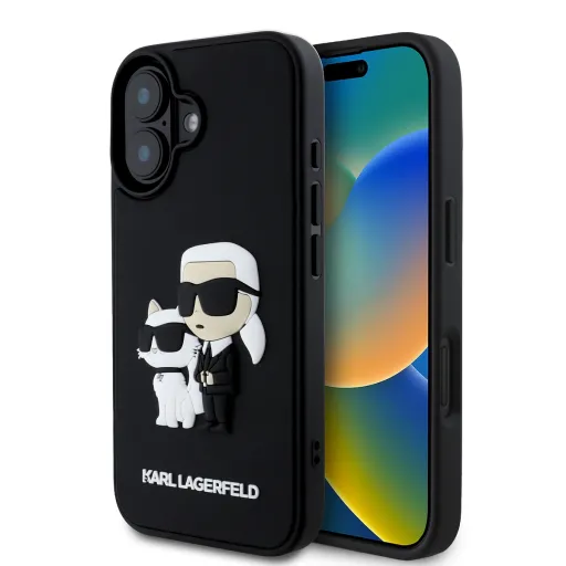 Karl Lagerfeld 3D Rubber Karl és Choupette tok iPhone 16 Plus fekete