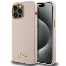 GUESS tok IPHONE 15 Pro GUHCP15LSMBSLP (Szilikon Felirat Fém Logóval és Kerettel) rózsaszín