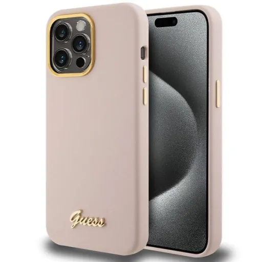 GUESS tok IPHONE 15 Pro GUHCP15LSMBSLP (Szilikon Felirat Fém Logóval és Kerettel) rózsaszín