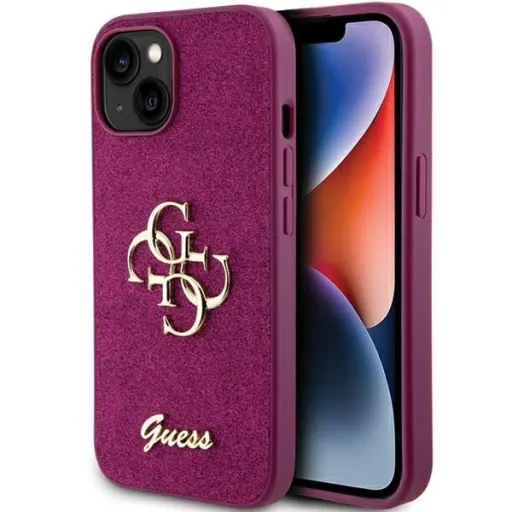 Guess Glitter Script Big 4G tok iPhone 15 - lila