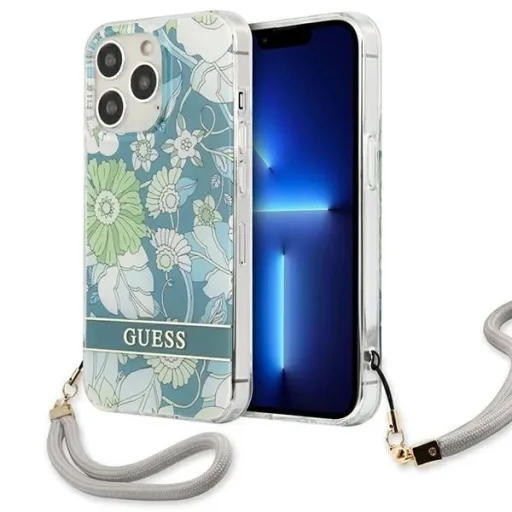 Guess GUHCP13LHFLSN iPhone 13 Pro zöld/zöld keménytok Flower Strap tok