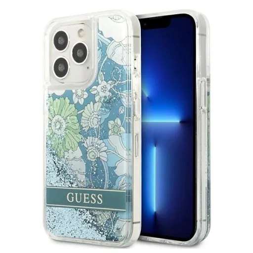 Guess GUHCP13LLFLSN iPhone 13 Pro zöld/zöld kemény tok Virágos Folyékony Csillám tok