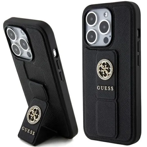 Guess Grip Stand 4G Triangle Strass tok iPhone 15 Pro - fekete