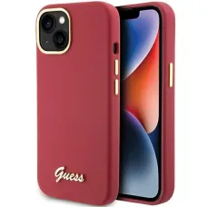 Guess Silicone Script Metal Logo & Frame tok iPhone 15 - piros