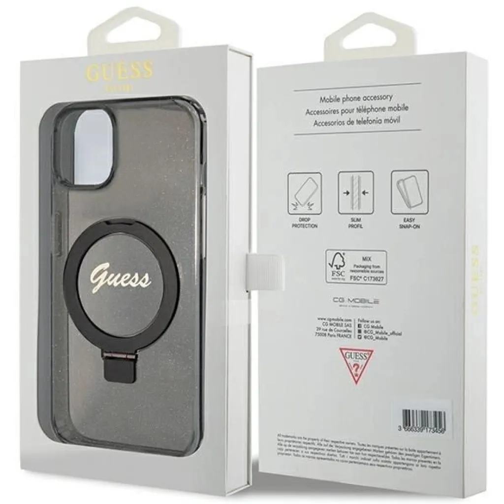 Guess Gyűrű Állvány Script Glitter MagSafe tok iPhone 15 Plus / 14 Plus - Fekete - 8