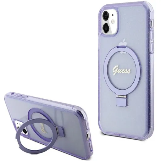 Guess Ring Állvány Script Glitter MagSafe tok iPhone 11 / Xr - lila