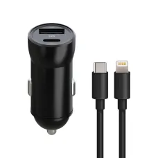 Maxlife MXCC-04 PD QC autós töltő 1x USB-C 1x USB 20W fekete + USB-C - Lightning kábel 27W