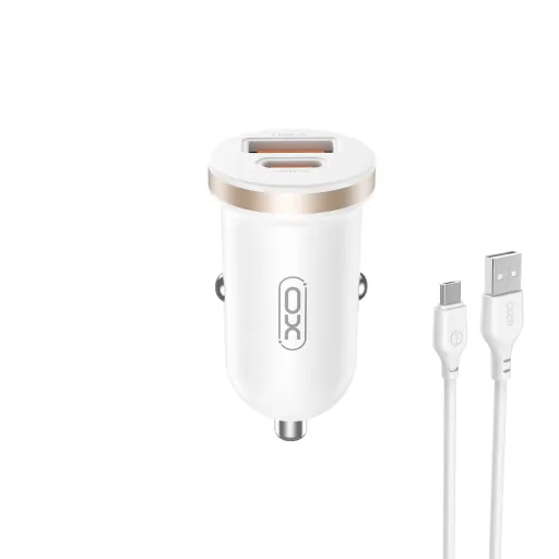 XO autós töltő CC56 PD 30W QC 1x USB 1x USB-C fehér + USB - microUSB kábel