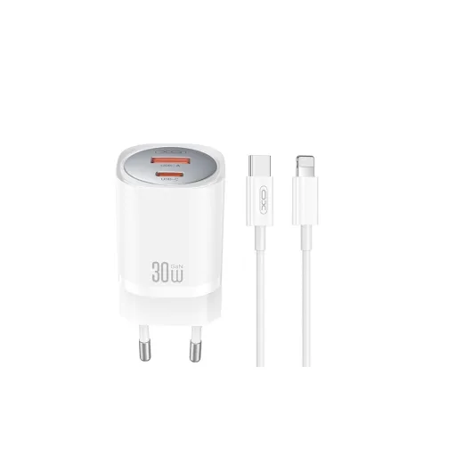 XO hálózati töltő CE21 PD 30W 1x USB-C 1x USB fehér + kábel USB-C - Lightning