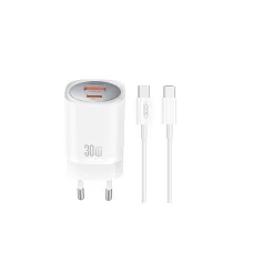 XO hálózati töltő CE21 PD 30W 1x USB-C 1x USB fehér + kábel USB-C - USB-C