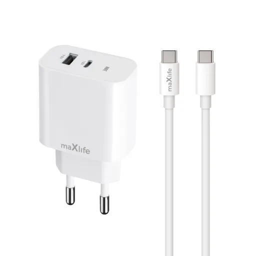 Maxlife MXTC-06-30AC PD QC töltő 1x USB-C 1x USB 30W fehér + USB-C - USB-C kábel 60W