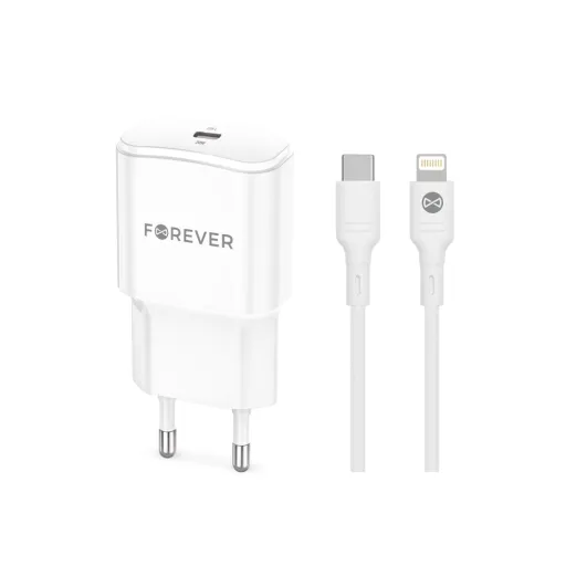 Forever TC-01-20C PD QC hálózati töltő 1x USB-C 20W fehér + USB-C - Lightning kábel 20W