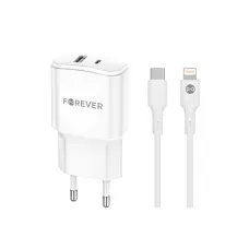 Forever TC-01-20AC PD QC töltő 1x USB-C 1x USB 20W fehér + USB-C - Lightning kábel 20W