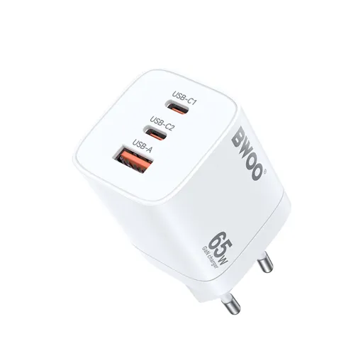 BWOO Gyors 65W GaN UTAZÓ TÖLTŐ CDA147 2 x USB-C, 1 x USB-A