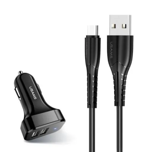 USAMS C13 2xUSB autóz szivargyújtós töltő 2,1A Micro USB kábellel fekete