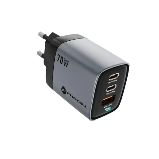 FORCELL F-ENERGY GaN III VT-37 fali utazó töltő LCD kijelzővel 2 x Type C + USB A PD QC4.0 SAM SFC2.0 3,45A 70W szürke