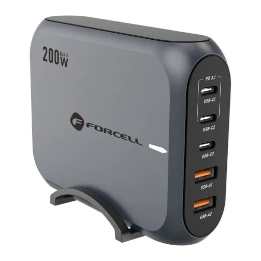 FORCELL F-ENERGY GaN III VT-51 asztali töltő 3 x Typ C + 2 x USB A PD QC4.0 SFC2.0 5A 200W szürke