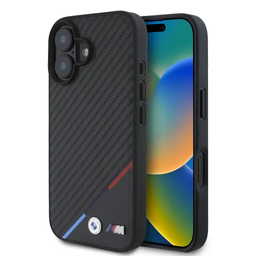 BMW M PU Carbon Tricolor Stripe MagSafe tok iPhone 16-hoz Fekete