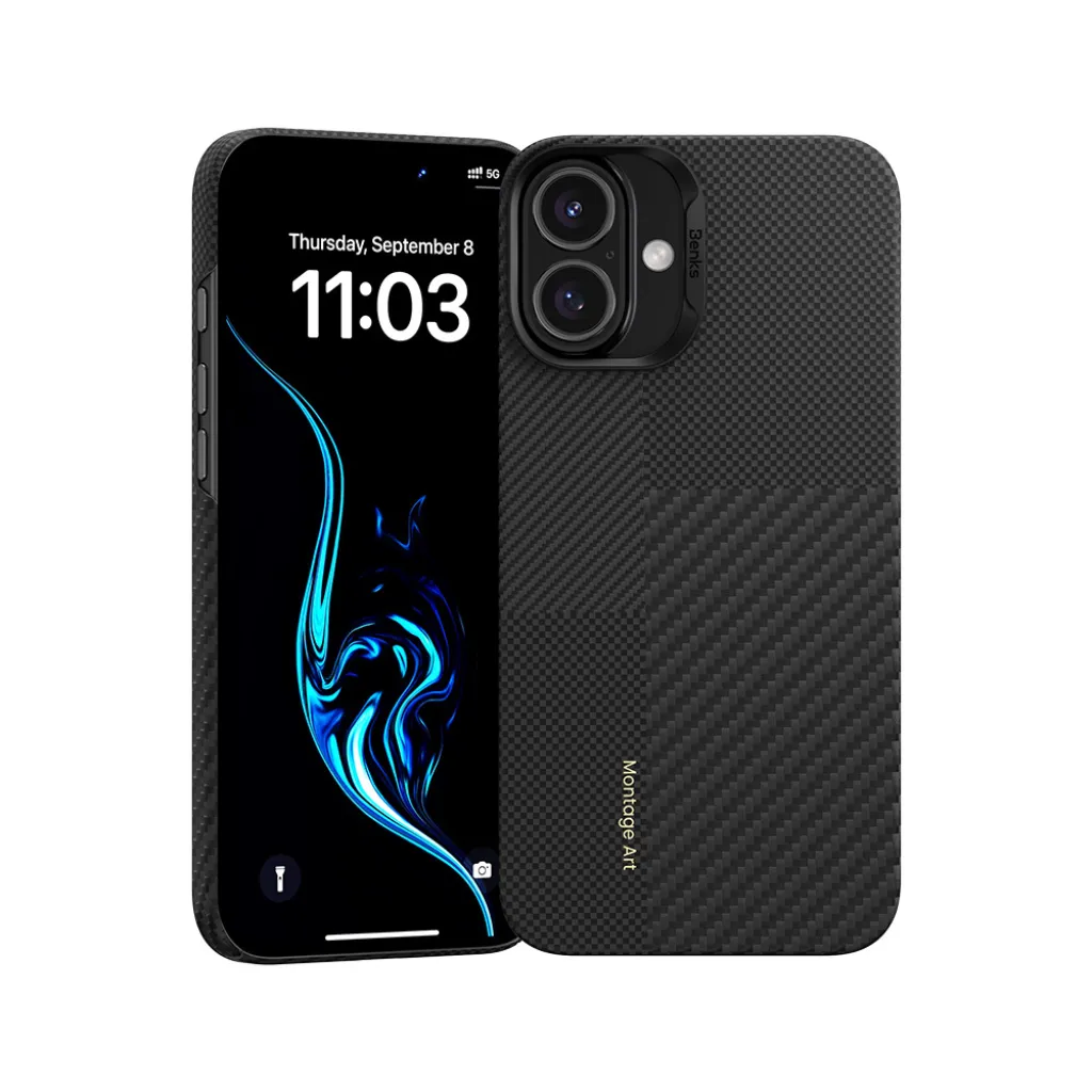  iPhone 16 Plus fekete Benks Montage Magnetic Armor Air Kevlar tok PC keret 600D - 1