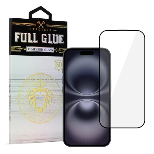 Tempered Glass HARD teljes ragasztós 5D üvegfólia IPHONE 16 PLUS FEKETE üvegfólia