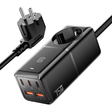 Fali töltő, Essager, ECTAC-BRB01-Z, GaN, 3xUSB-C, 2xUSB-A, AC csatlakozó, 75W (fekete)