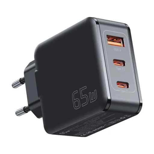 Hálózati töltő, Essager, ECT2CA-JZB01-Z, GaN, USB-A, 2xUSB-C, 65W (fekete)