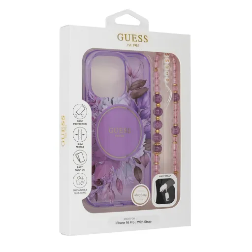 Eredeti GUESS IML Flowers gyöngy szíjjal Magsafe GUHMP16MHFWBRCESU tok iPhone 16 Plus-hoz, lila