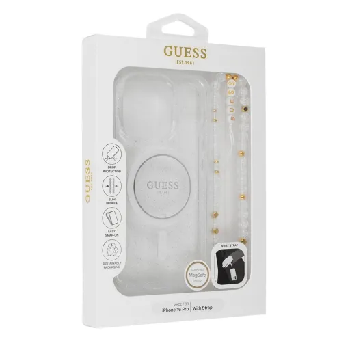 Original Case GUESS IML Glitter gyöngy pánttal Magsafe GUHMP16LHGCRELST iPhone 16 Pro átlátszó tok