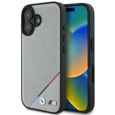 Eredeti BMW M perforált tricolor vonal MagSafe tok BMHMP16S23PUPDG iPhone 16 szürke