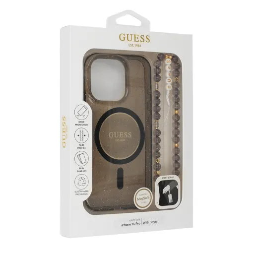 Eredeti GUESS IML Glitter Pearl Pánttal Magsafe GUHMP16SHGCRELSK iPhone 16 fekete tok