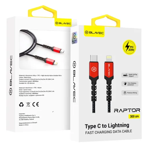 Blavec Cable Raptor fonott - Type C to Lightning - PD 20W 2,4A 3 méter (CRA-CL24BR30) fekete-piros