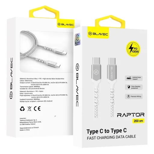 Blavec Cable Raptor fonott - Type C to Type C - PD 100W 5A 2 méter (CRA-CC5WS20) fehér-ezüst