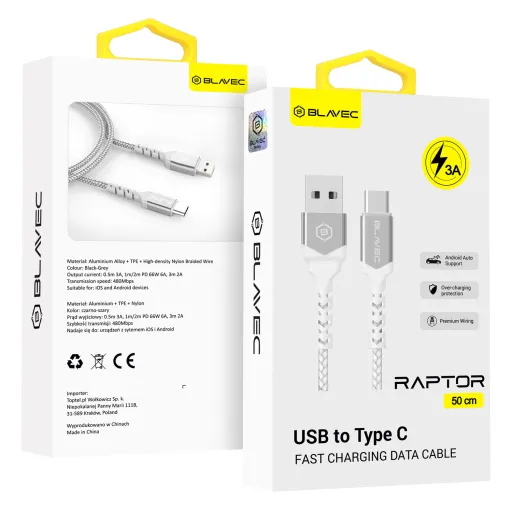 Blavec Cable Raptor fonott - USB - C típusú - 3A 0,5 méter (CRA-UC3WS05) fehér-ezüst