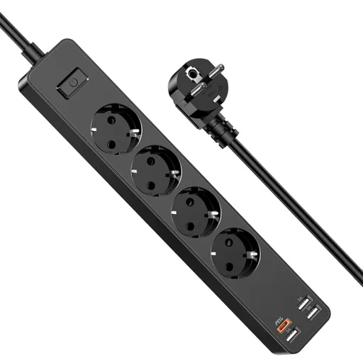 KAKU hálózati elosztó - 4 aljzat 230V + 3xUSB + Type C - fekete