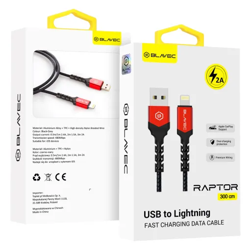 Blavec Cable Raptor fonott - USB Lightning kábel - 2A 3 méter (CRA-UL2BR30) fekete-piros