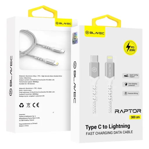 Blavec Cable Raptor fonott - Type C to Lightning - PD 20W 2,4A 3 méter (CRA-CL24WS30) fehér-ezüst