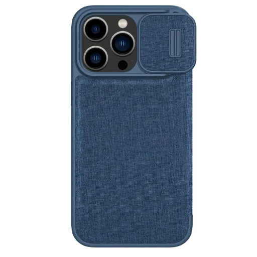 Nillkin Qin Cloth Pro Case tok iPhone 14 Pro Max kamera fedél övtok fliptok kék