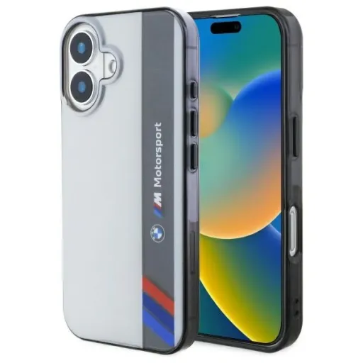 BMW Motorsport IML Vertical Stripe BMHCP16S23HTFEG eredeti tok iPhone 16-hoz szürke