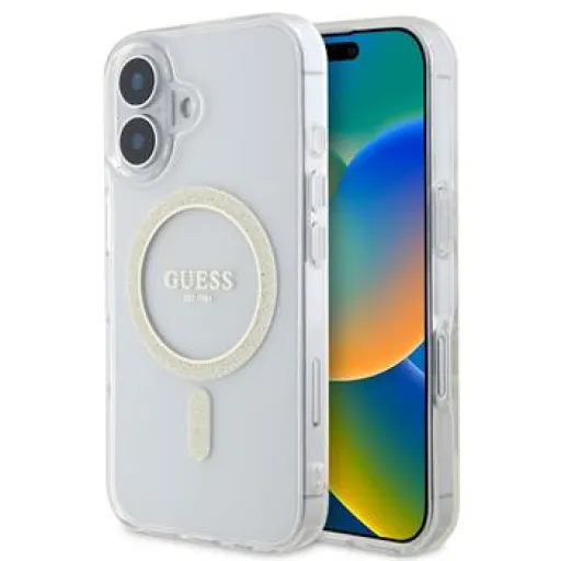 Guess IML Csillogó Gyűrű MagSafe tok iPhone 16 Átlátszó