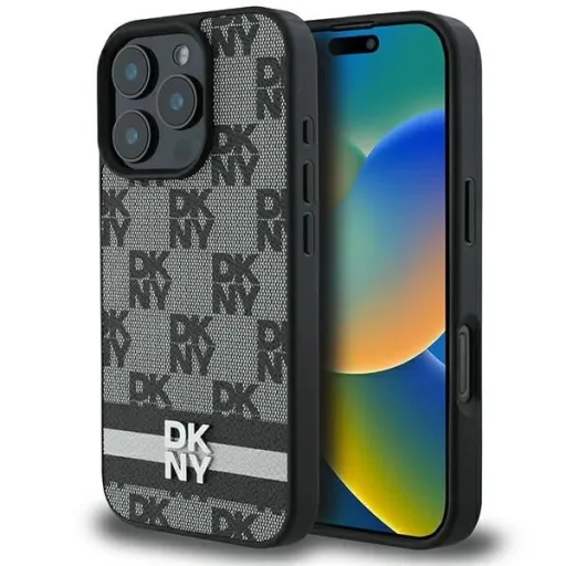 DKNY Kockás Minta és Nyomtatott Csíkos tok iPhone 16 Pro Max - fekete