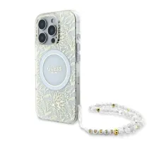 Guess IML Flowers Allover Electro Gyöngy Pánttal MagSafe tok iPhone 16 Pro Max - fehér