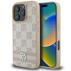 DKNY Kockás Mintás és Nyomtatott Csíkos iPhone 16 Pro Max tok - Rózsaszín