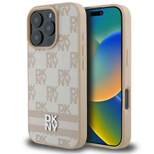 DKNY Kockás minta és nyomtatott csíkok iPhone 16 Pro tok - Rózsaszín