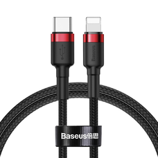 Baseus Cafule Nylon harisnyázott USB-Type C PD/ Lightning kábel 18W QC3.0 1m fekete/piros (CATLKLF-91)