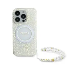 Eredeti GUESS IML Virágok Mindenhol Elektrogyöngy Szíjjal Magsafe GUHMP16LHCPOFPH iPhone 16 Pro tok fehér