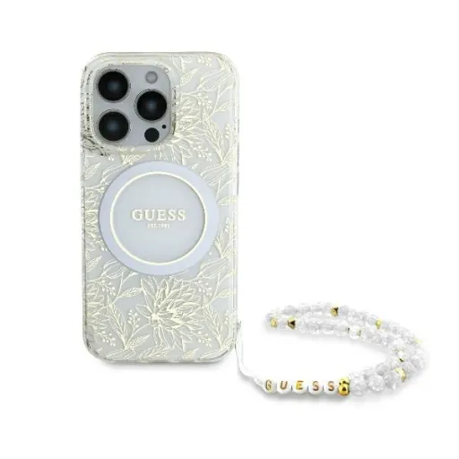 Eredeti GUESS IML Virágok Mindenhol Elektrogyöngy Szíjjal Magsafe GUHMP16LHCPOFPH iPhone 16 Pro tok fehér Eredeti GUESS IML Virágok Mindenhol Elektrogyöngy Szíjjal Magsafe GUHMP16LHCPOFPH iPhone 16 Pro tok fehér